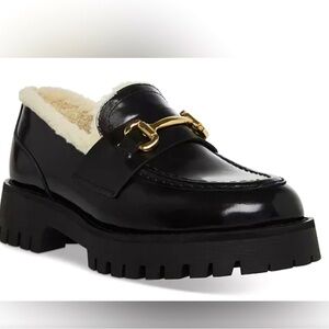STEVE MADDEN WOMENS LANDO FUR BLACK LEATHER PLATFORM LOAFERS